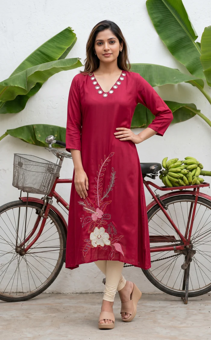 Floral Embroidered Straight Kurti – Deep Pink